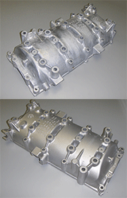 Aluminum die castings, before and after blasting to deflash without damage to the cast-in part numbers and information