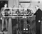 Louis Essen (right) with the first caesium atomic clock