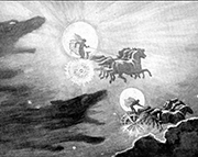 Skoll and Hati chasing the Sun and the Moon