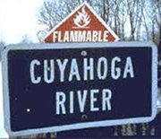 Warning sign at Cuyahoga River, Ohio, in the 1960s
