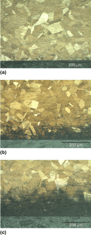 Figure 1: Cross section optical micrographs showing the microstructure of (a) NP, (b) CSP, and (c) SSP samples
