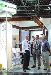 Ennio Torrigliani (left), Sales Manager, Fabio Cecchinato (center), Technician, Customer Service Dept., and Giovanni Gregorat (right), Sales Manager Pometon, the Italian Manufacturer of High and Medium Carbon Cast Steel Shot and Stainless Steel Shot, sharing a Booth with KST, a Job Shop for Blasting