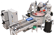 The surf-finisher with robotic work piece handling allows treating precisely defined surface areas on a work piece