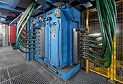 An outside view of the blast chamber – compressed air is fed to arrays of blast nozzles