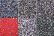 Cutwire: Top Row Left to Right: Stainless Steel Cut-wire (CCWS or G1), Cast Stainless Steel Shot (Spherinox), Carbon Steel Cut-wire CW or Z (as cut). Bottom Row Left to Right: Type V Plastic Deflashing Media, Carbon Steel Cut-wire DCCW or G2, Cast Stainless Steel Grit (Gritinox)