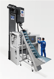 Continuous flow troughed belt shot-blast machine THM 300/1: With a footprint of only 1.4 x 2.7 meters the machine can be easily integrated into existing manufacturing lines