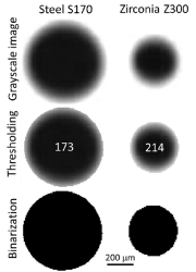 Figure 3.  Example of thresholding for steel (T=173) and zirconia (T=214) against a white (255) background.  Both samples were imaged with a magnification of 10 μm/pixel