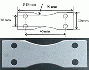 Fig. 1: Fatigue specimen of PBF-LS/AlSi10Mg: (a) Dimensions of as-built specimen, (b) Photograph