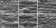 Fig. 3: SEM images collected from AM Ti-6Al-4V coupons. (a) As-built coupon; (b)-(e) Cyclic PEP process (without slow-immersion process) with the waveform frequencies at 500, 1000, 1500, and 2000 Hz, respectively; and (f) Cascaded PEP processes with increasing the waveform frequencies