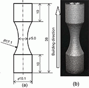 Fig. 1. PBF-LS/Ti-6Al-4V fatigue specimen: (a) Dimensions of the 
as-built specimen; (b) Photograph