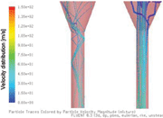 Fig. 2: Visualised particle traces in the initial area of the focusing tube, reference (left), prototype (right)