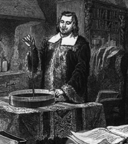 Evangelista Torricelli (1608-1647) inventing the mercury barometer, 1644. Torricelli demonstrated that liquid will rise in a tube unless the weight of the column of liquid is equal to the pressure of the air pressing on an equal section of the reservoir of liquid.