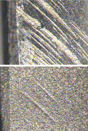 Picture 6: Microscope pictures of a gear tooth surface showing groves after machining (top) and the same place after peening with Zirshot